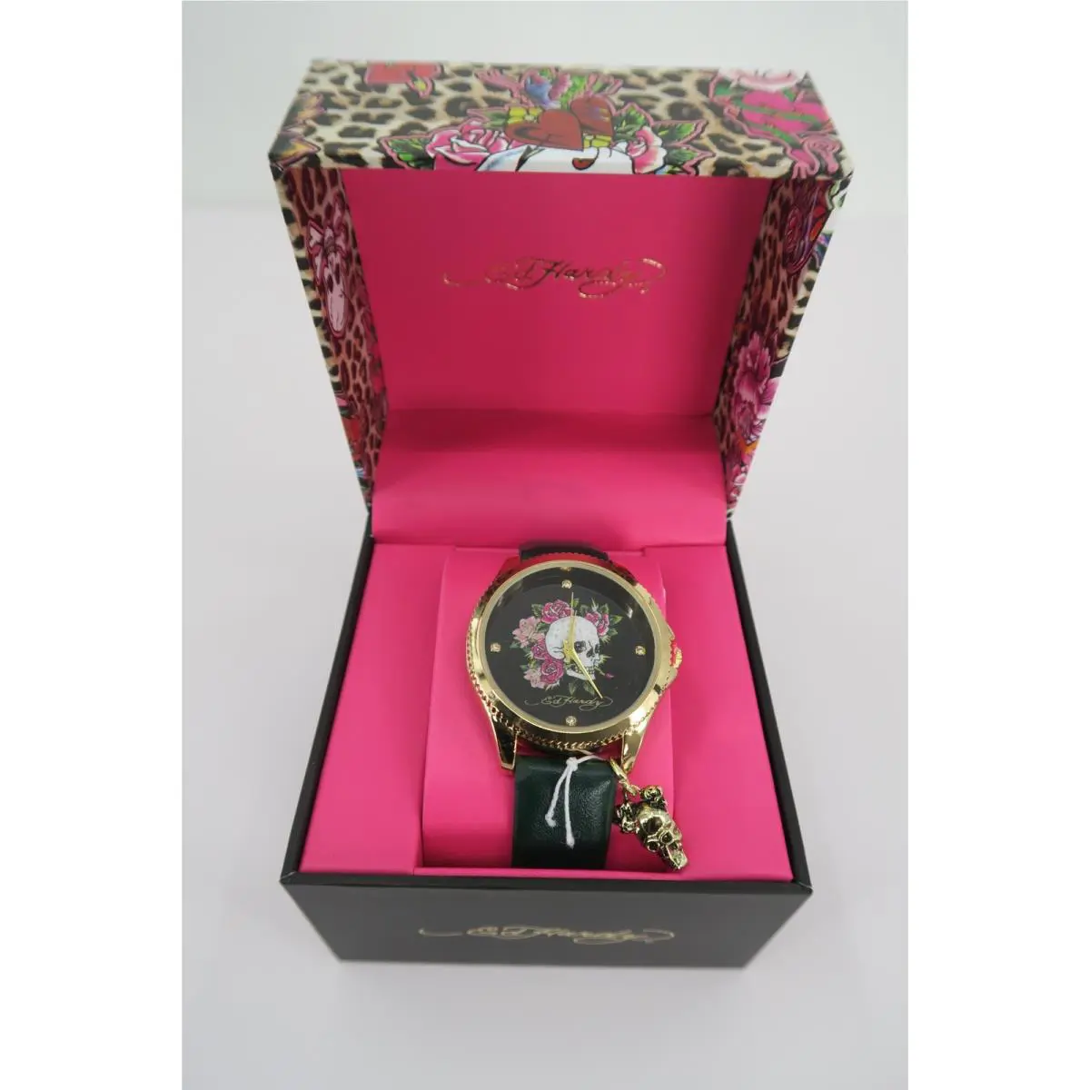 Women Watch Gold Tone Skull Roses Black Strap Tattoo Art by Ed Hardy