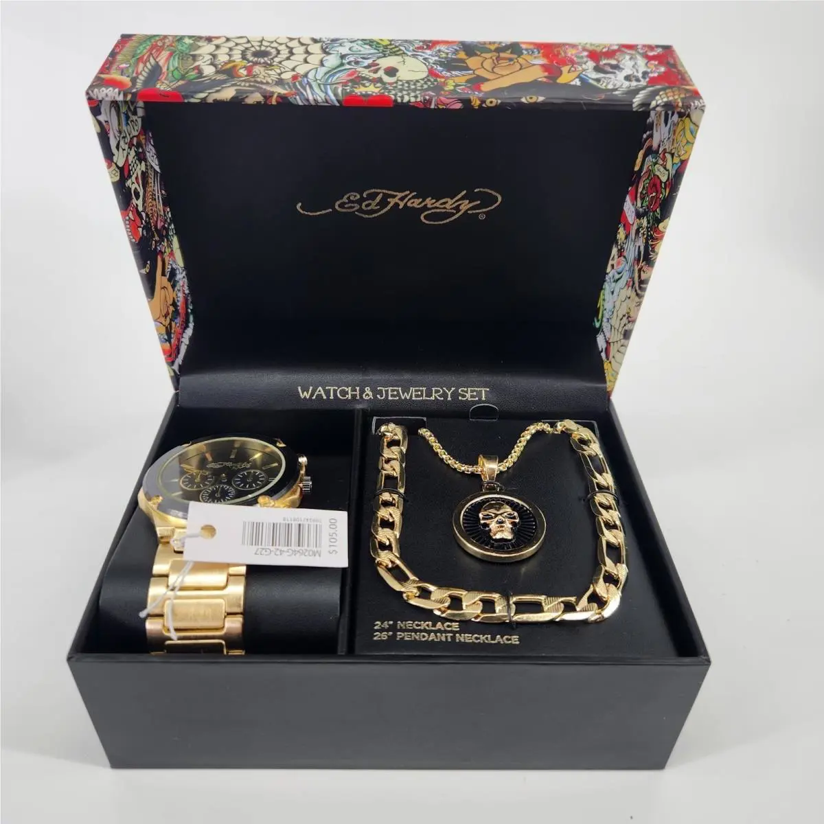 Mens Gold Tone Watch and Jewelry Set Skull Pendant M0264G-42-G27 by Ed Hardy