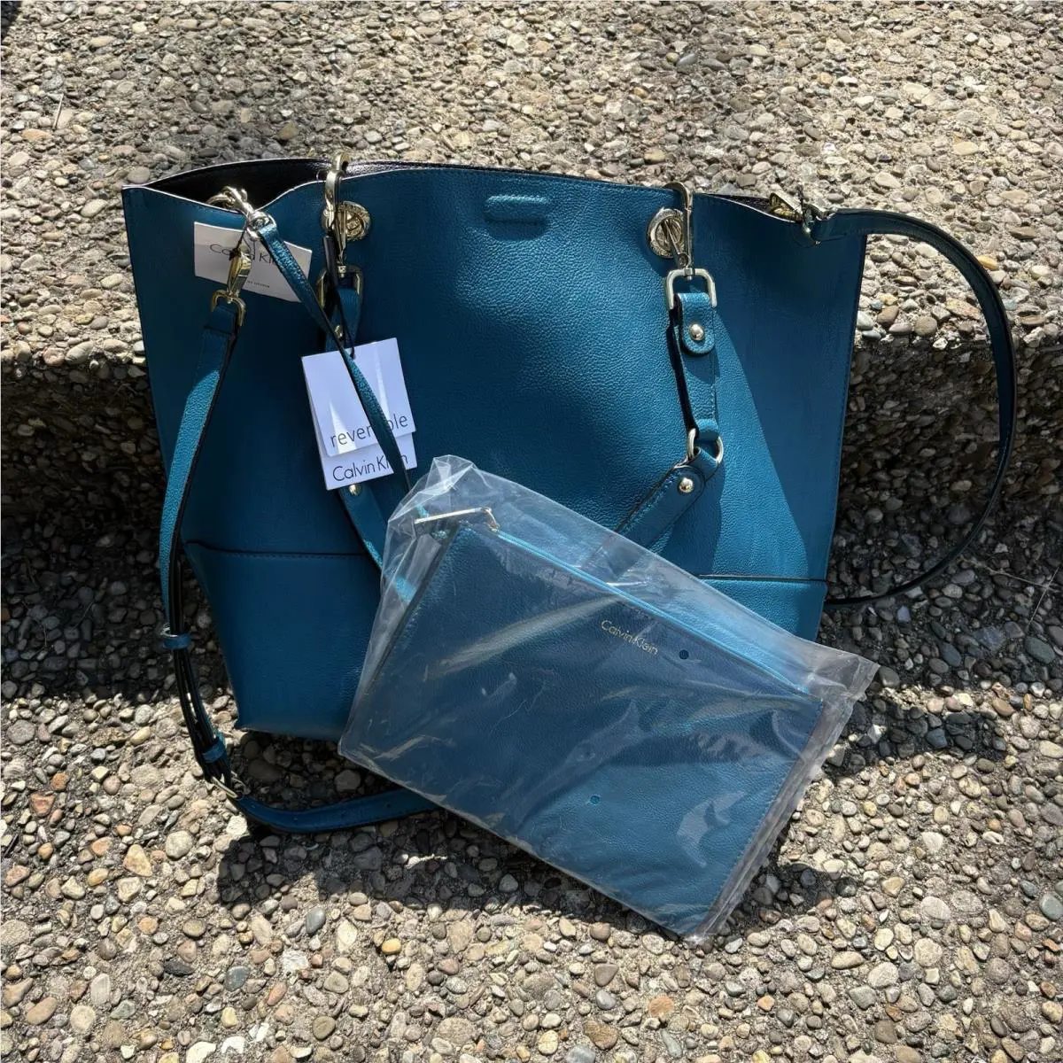 Calvin Klein Teal Blue Leather XL Tote Bag with Clutch 14in X 17