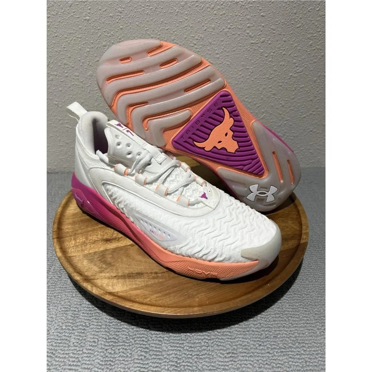 Woman’s Size 12 M10.5  Project Rock 7 White Pink Training Shoes by Under Armour