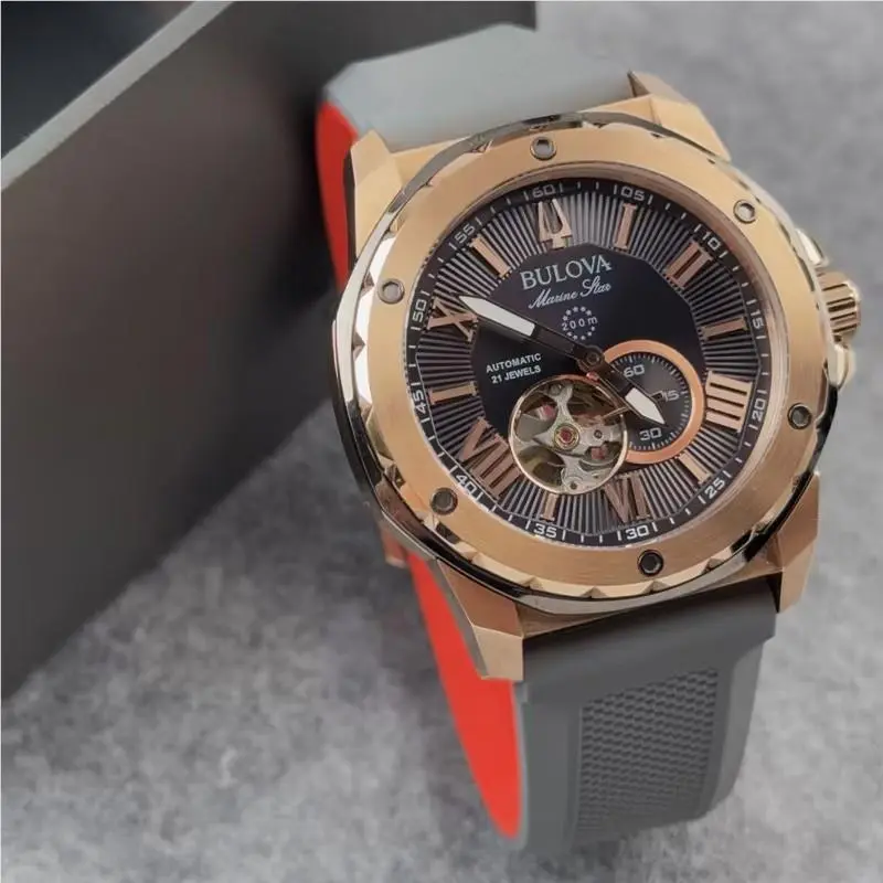 Marine Star A Rose Gold Dial Grey Silicone Automatic Men`s Watch 98A228 by Bulova