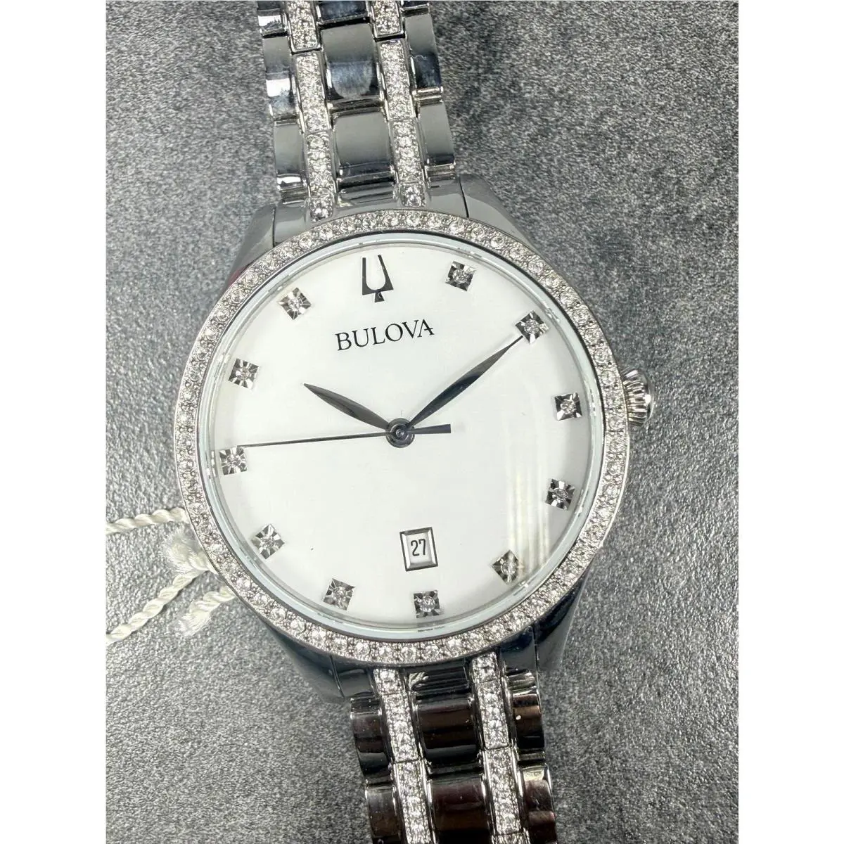Bulova Ladies 36mm Crystal Bezel Watch Mop Dial Quartz Box Date Dress