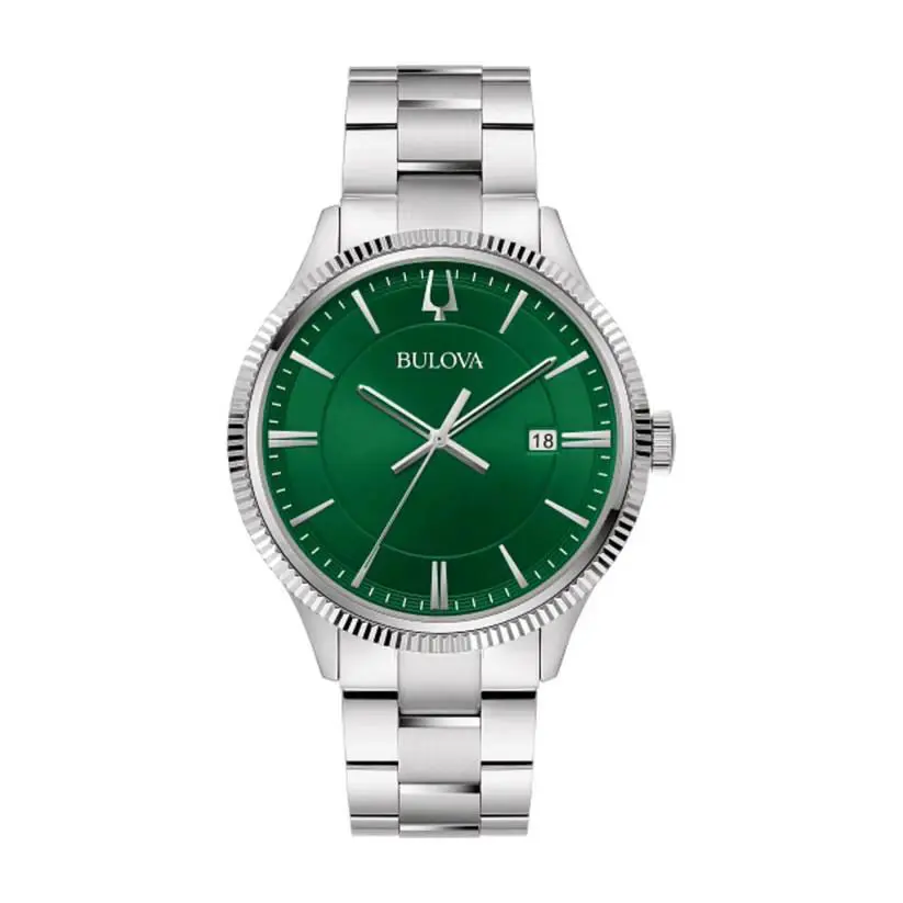 Bulova Classic Quartz 42mm Green Dial Coin Edge Stainless Steel Watch - Dial: Green, Band: Silver