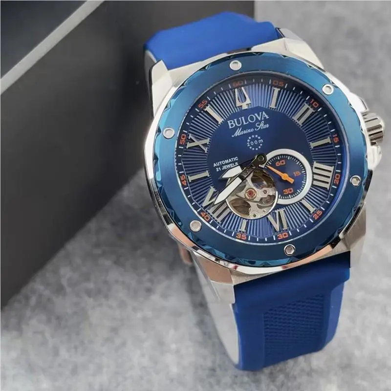 Bulova Marine Star 98A303 Blue Dial Rubber Strap Men`s Automatic Watch 45MM
