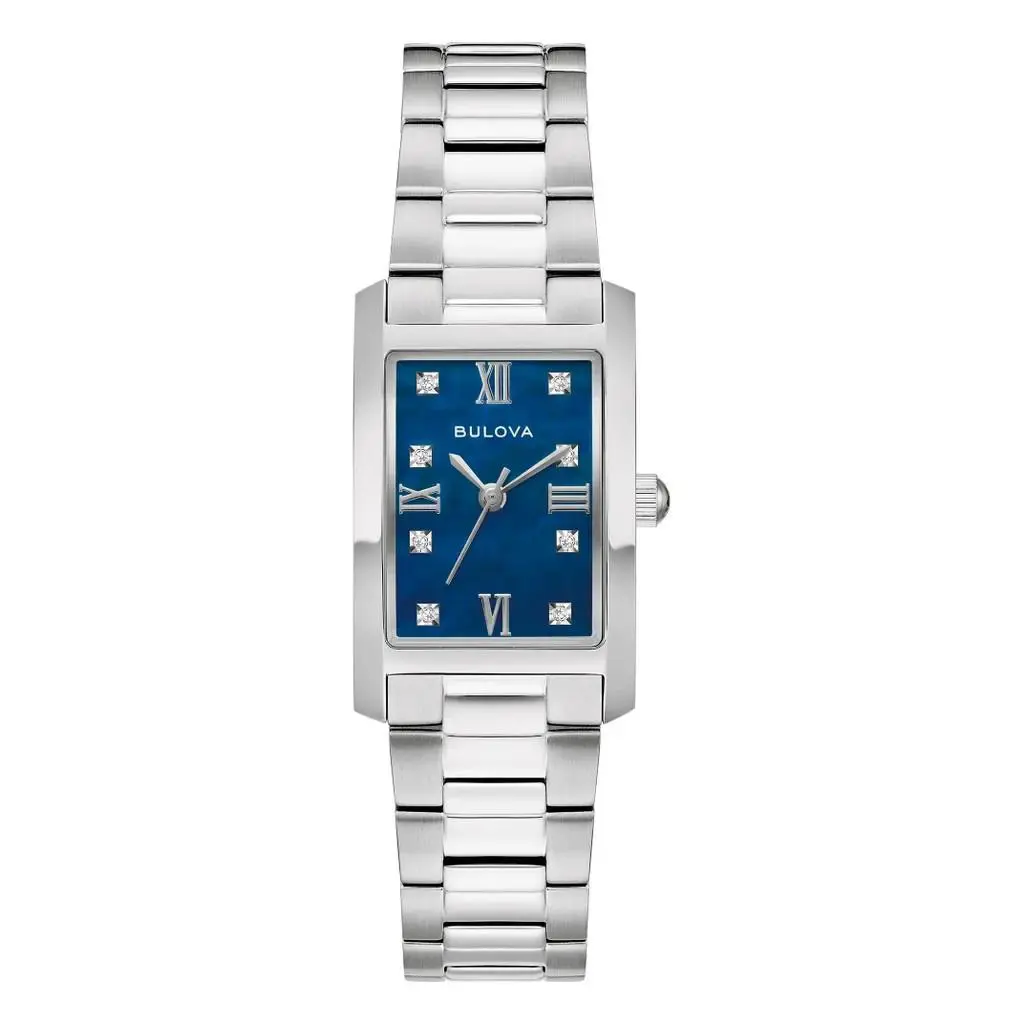 Bulova Classic Stainless Steel Diamond Rectangle Blue Dial Women`s Quartz Watch - Band: Silver, Bezel: Silver