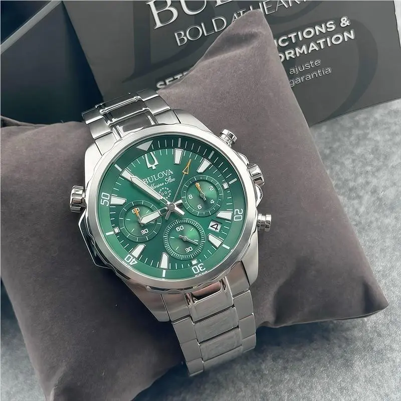 Bulova Marine Star 96B396 Green Dial Chronograph Men`s Quartz Watch 43MM