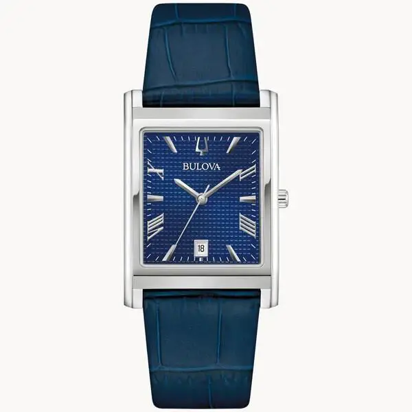 Men`s Bulova Sutton Blue Leather Strap Watch with Rectangular Blue Dial
