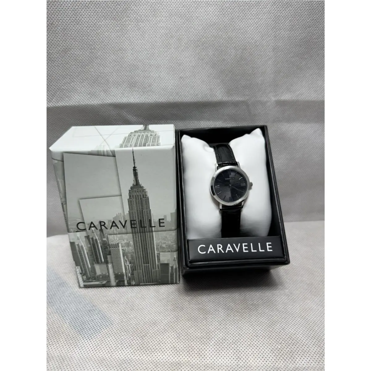Caravelle By Bulova Womens Stainless Steel Black Dial Leather Strap Watch