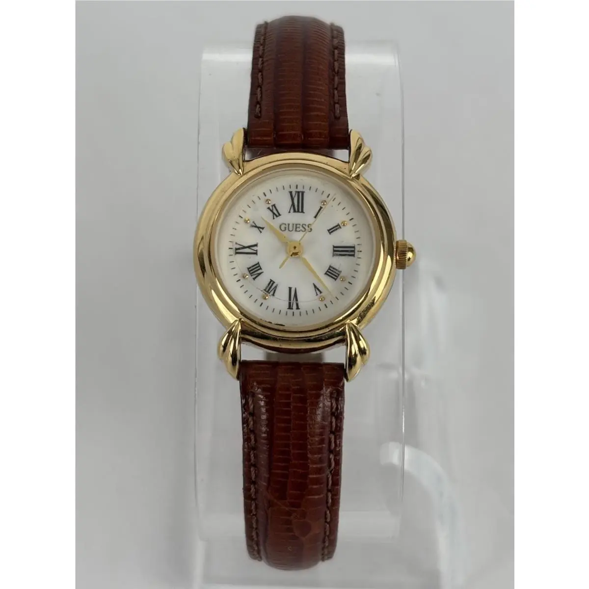 Guess 23mm Gold Tone Quartz Watch W/brown Leather Band Battery