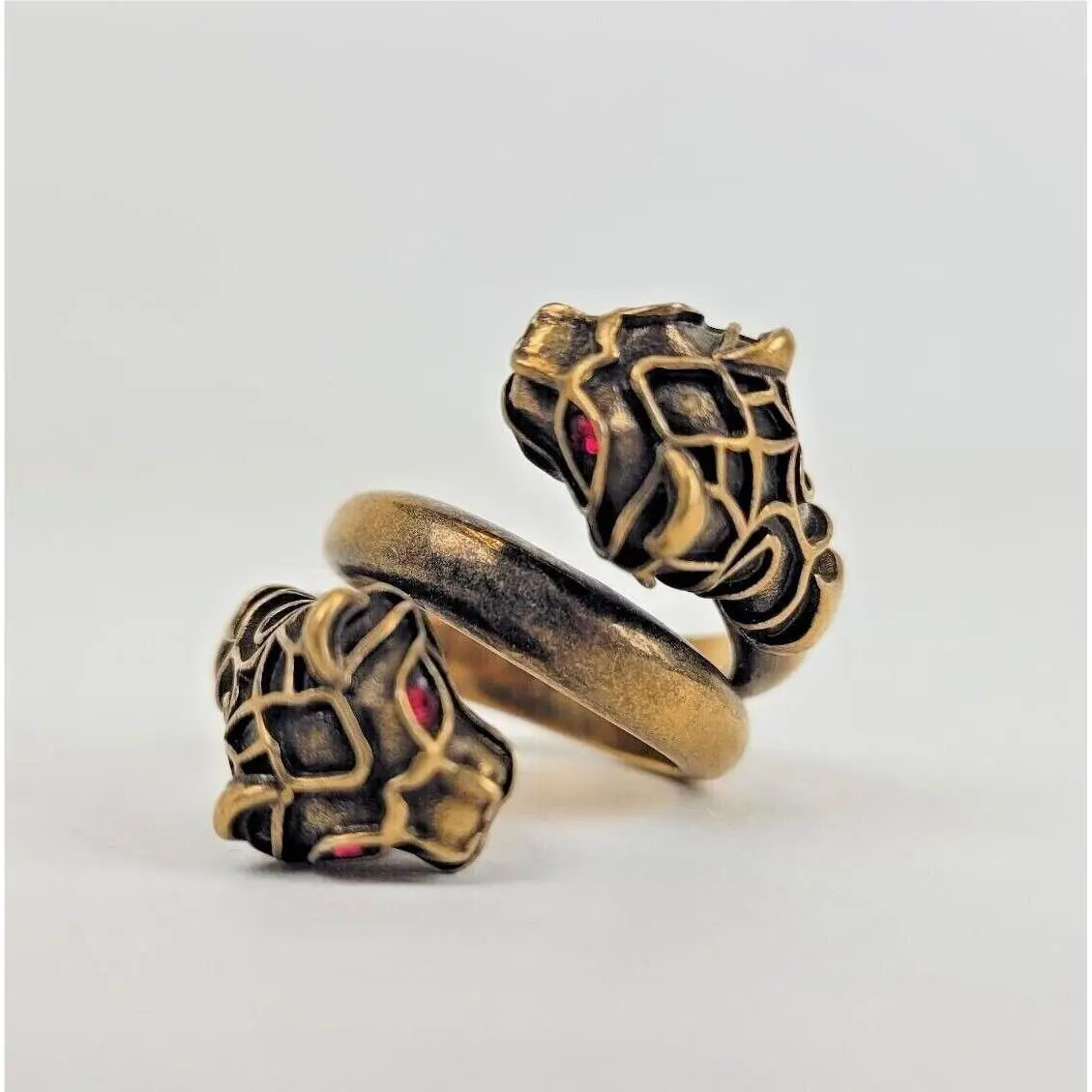 Gucci Aged Gold Double Tiger Head Ring with Red Crystal Eyes 398971 8067