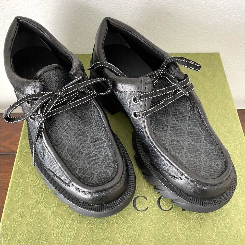 Gucci 674367 Men`s Black Maxi GG Supreme Lace-up Shoe Gucci Sz. 7.5
