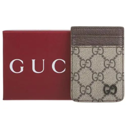 Gucci Beige Ebony GG Supreme Canvas Magnetic Card Case Wallet W/box