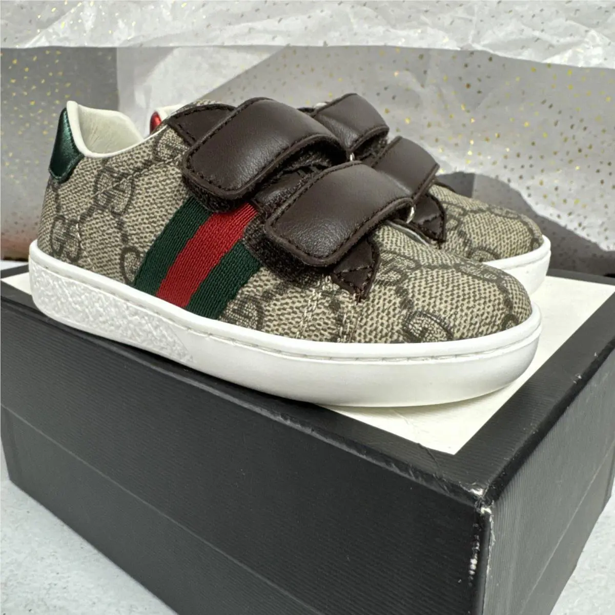 Gucci Baby Shoes 463086 Size 21 Monogram Hook and Loop Closure Red Green