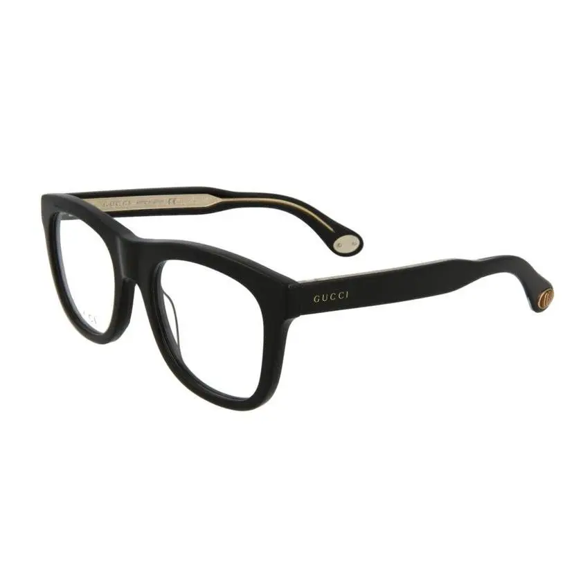 Gucci Unisex Square Rectangle Black W/gold Arm Detail Eyeglasses Demo Lens