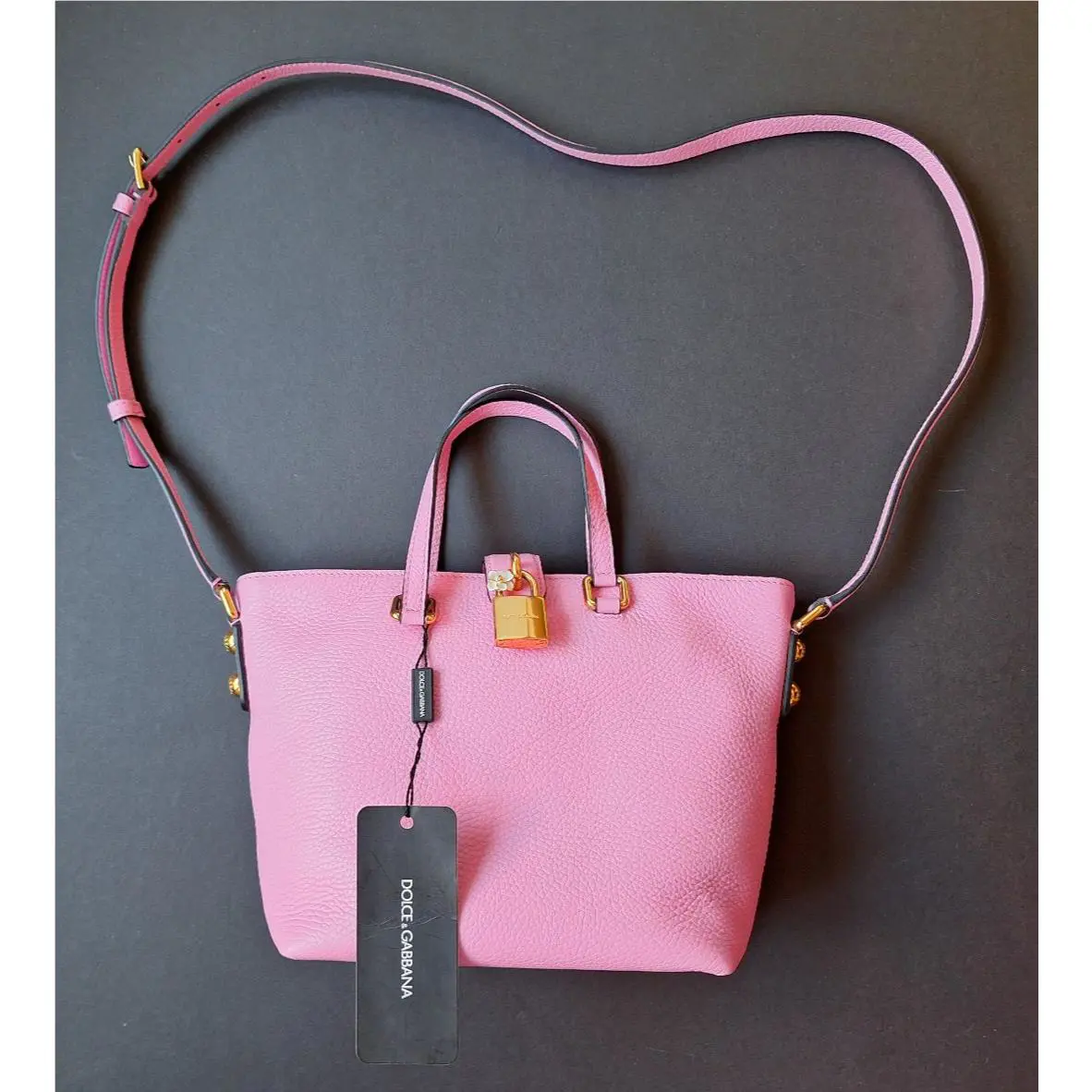 Dolce Gabbana Pink Leather Flower Padlock Charm Crossbody Tote Bag