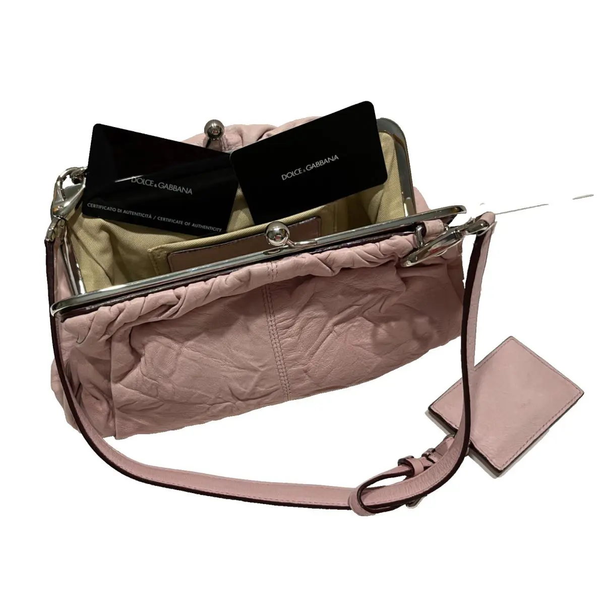 Dolce Gabbana Women`s Miss Curly Rose Pink Leather Purse Handbag Strap Tag