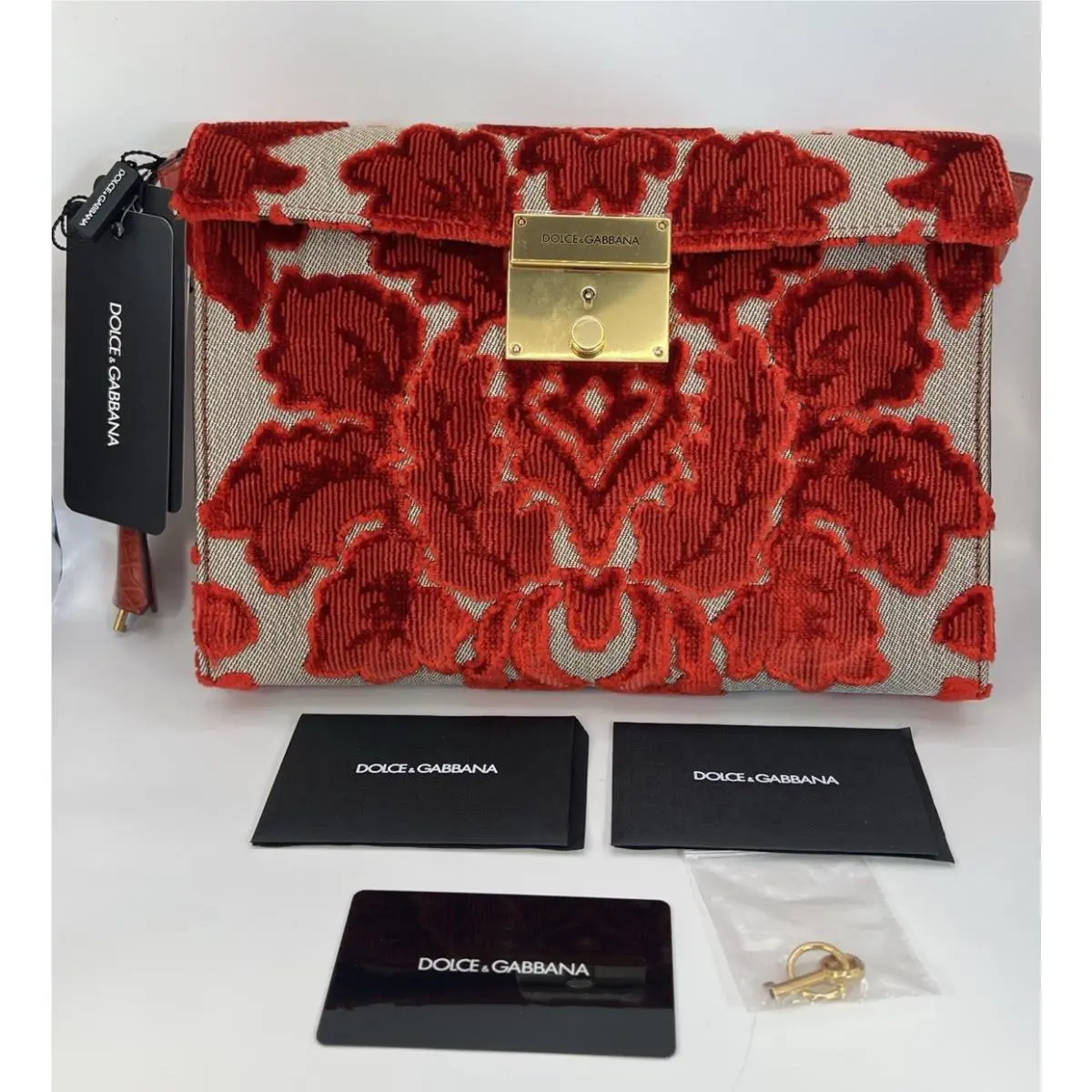 Dolce Gabbana Velvet Pochette Clutch Red Gold Tags