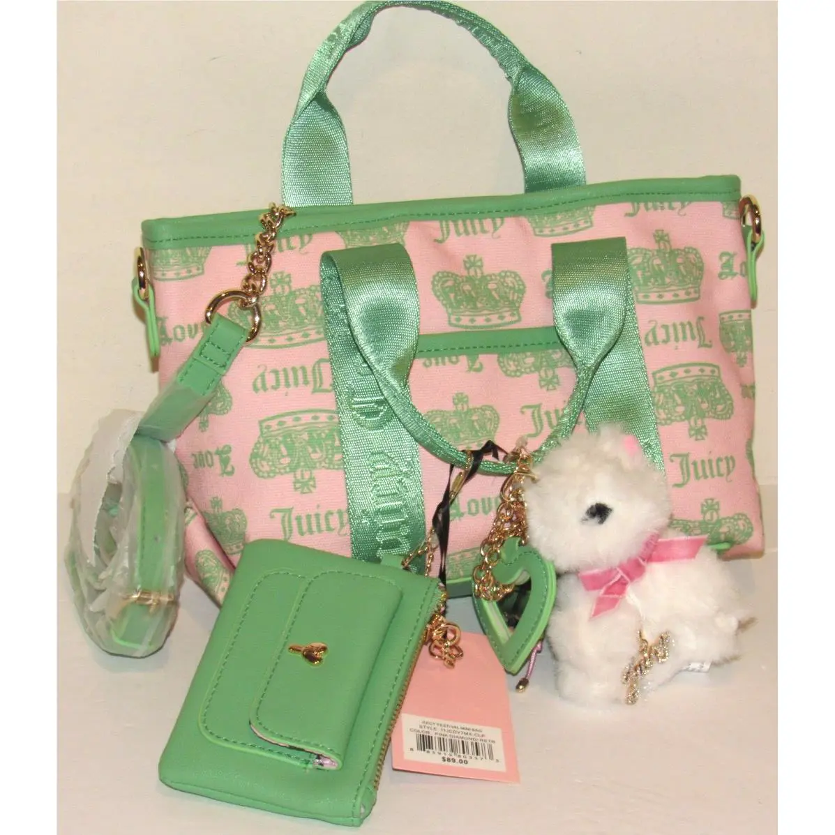 Juicy Couture Festival Mini Bag Handbag Green Pink Crossbody Tote Teddy Bear