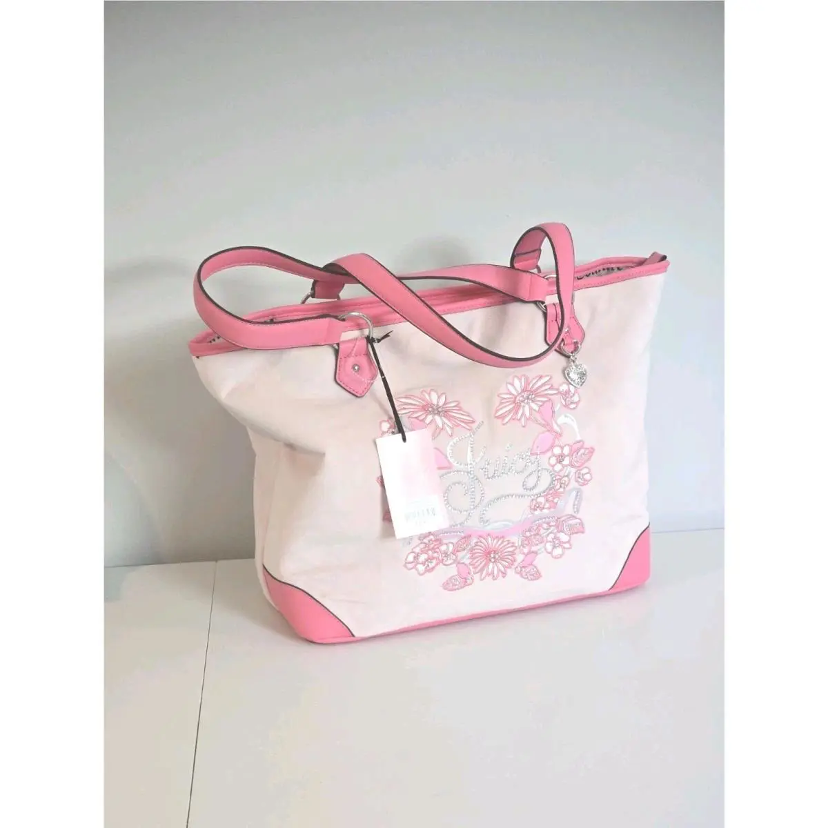 Juicy Couture Velvet Bag Pink Floral Embroidery Rhinestone Logo Charm Large