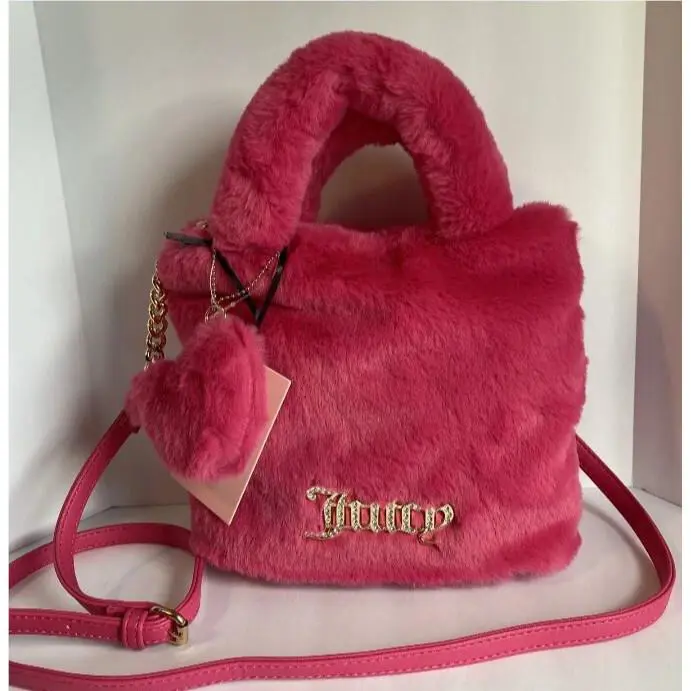 Juicy Couture Pink Fur Fluffy Purse Handbag Bag W/ Heart Keycha