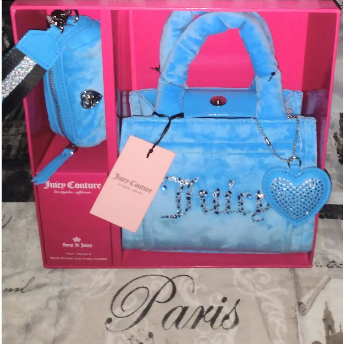 Juicy Couture Big Spender Heritage Blue Velour Mini Tote Gift Set Bling