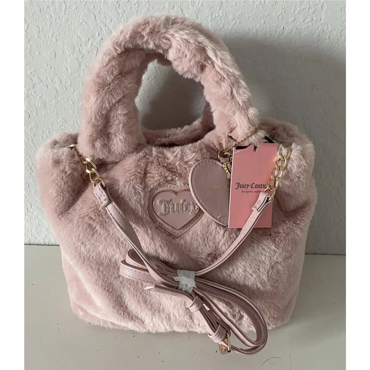 Juicy Couture Warm Up Mini Tote Bag W/heart and Crown Charm Fur Dusty Blush
