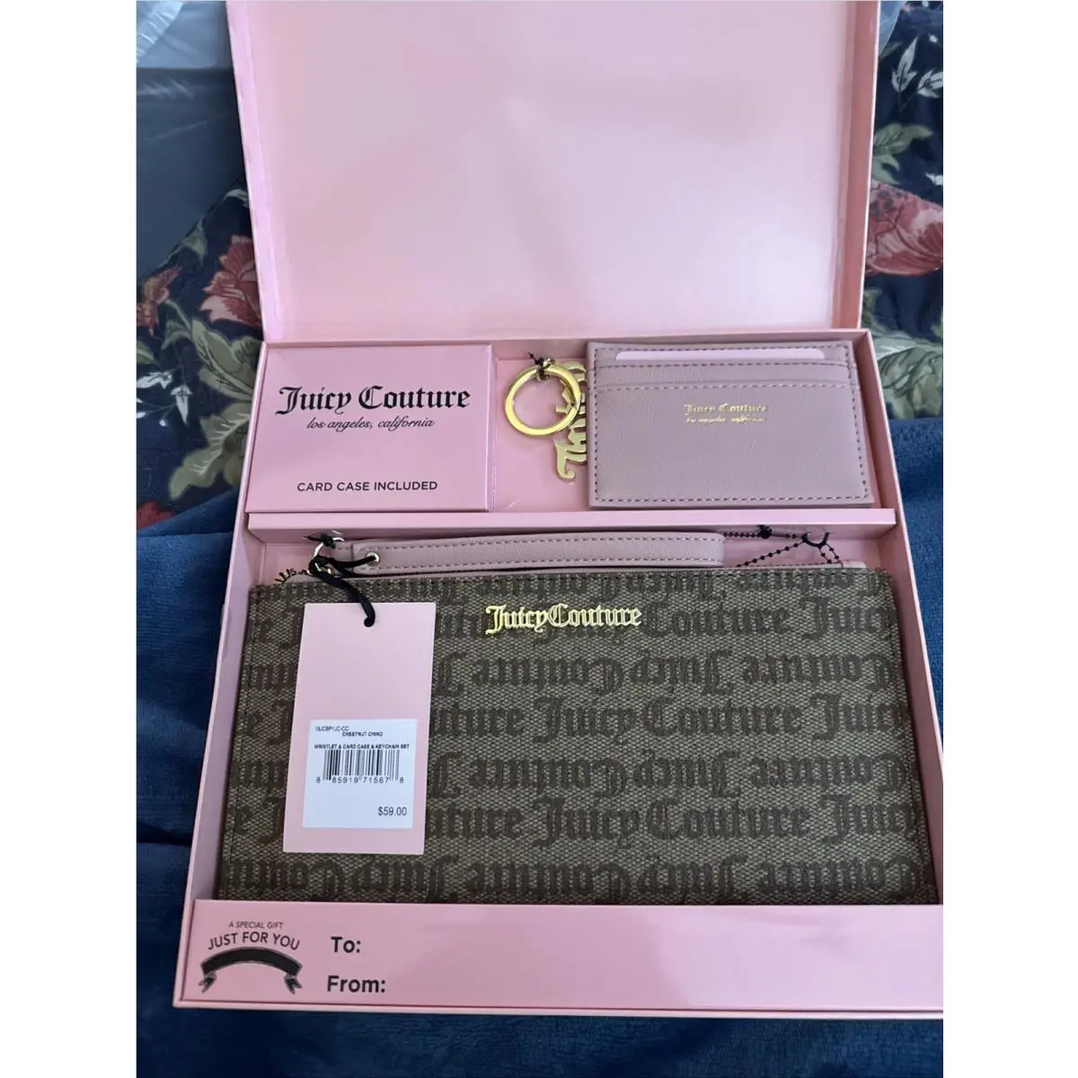 Juicy Couture Wristlet Wallet Bag Card Case and Keychain 3pc Gift Set