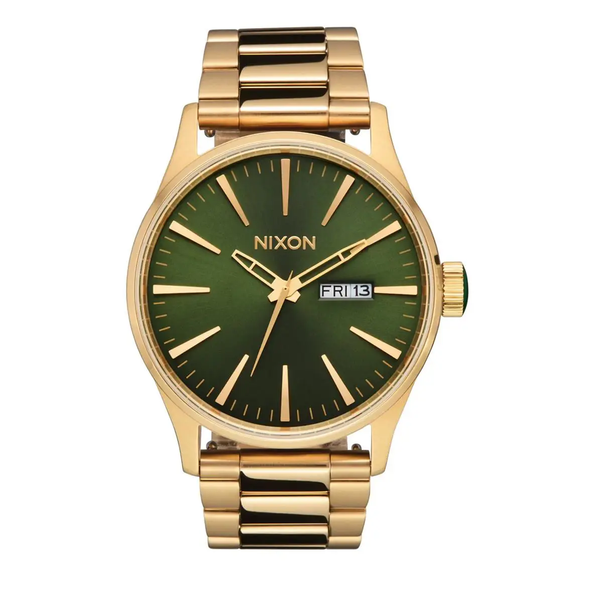 Nixon Sentry Gold Tone Stainless Steel Green Dial Unisex Quartz Watch A356-1919 - Dial: Green, Band: Gold, Bezel: Gold