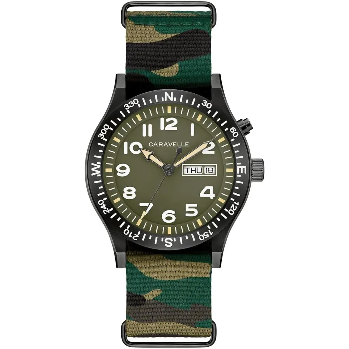 Caravelle by Bulova Men`s Quartz Watch Vintage Light Up Camouflage 45C121 - Dial: Green, Band: Green, Bezel: Black