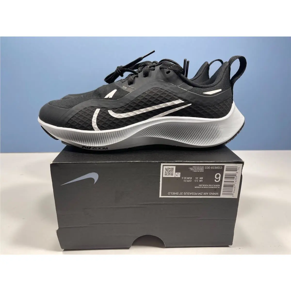 Size 6 - Nike Air Zoom Pegasus 37 Shield Women Black White CQ8639 002