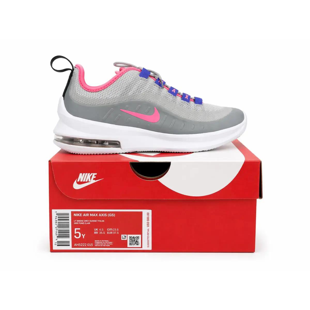Nike Air Max Axis GS Lt Smoke Grey/pink/white AH5222-015 Size 5 Youth