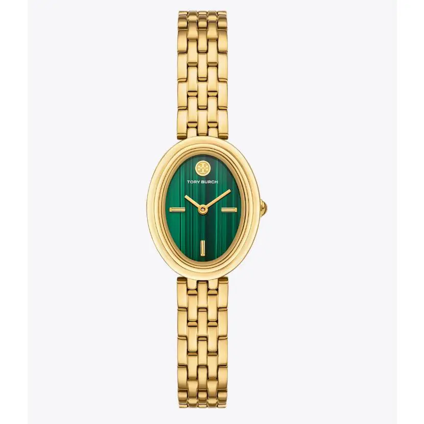 Tory Burch Oval Women`s Malachite Dial Two Tone Watch
