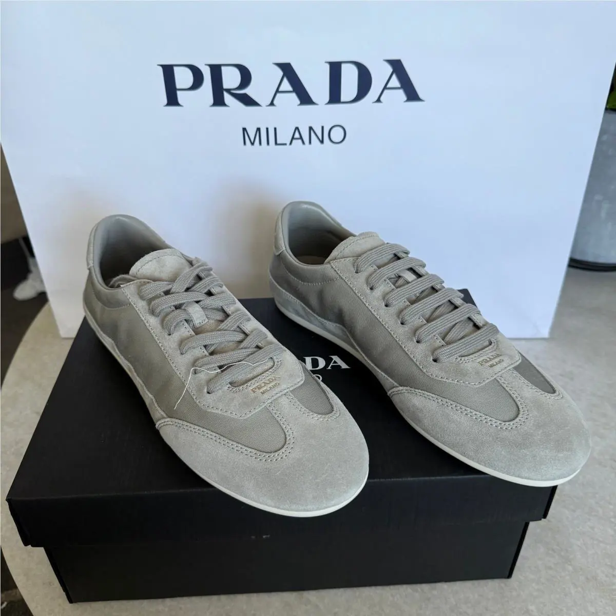Prada Milano 2EG442 Men Grey Suede Fabric Low Top Sneakers Trainers Sz UK 7.5