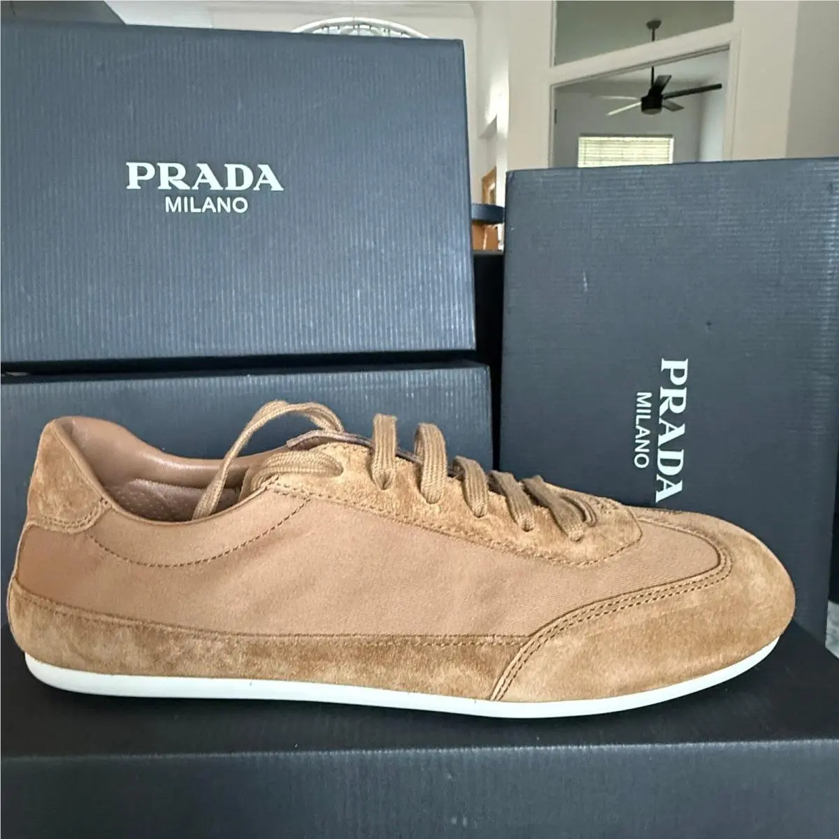 Prada Milano 2EG442 Men Brown Suede Fabric Low Top Sneakers Trainers Sz UK 11