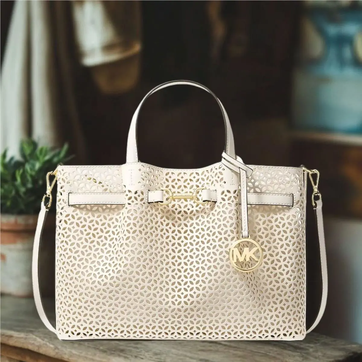 Michael Kors Carson Women Medium PU Blend Floral Laser Cut Satchel Bag Handbag