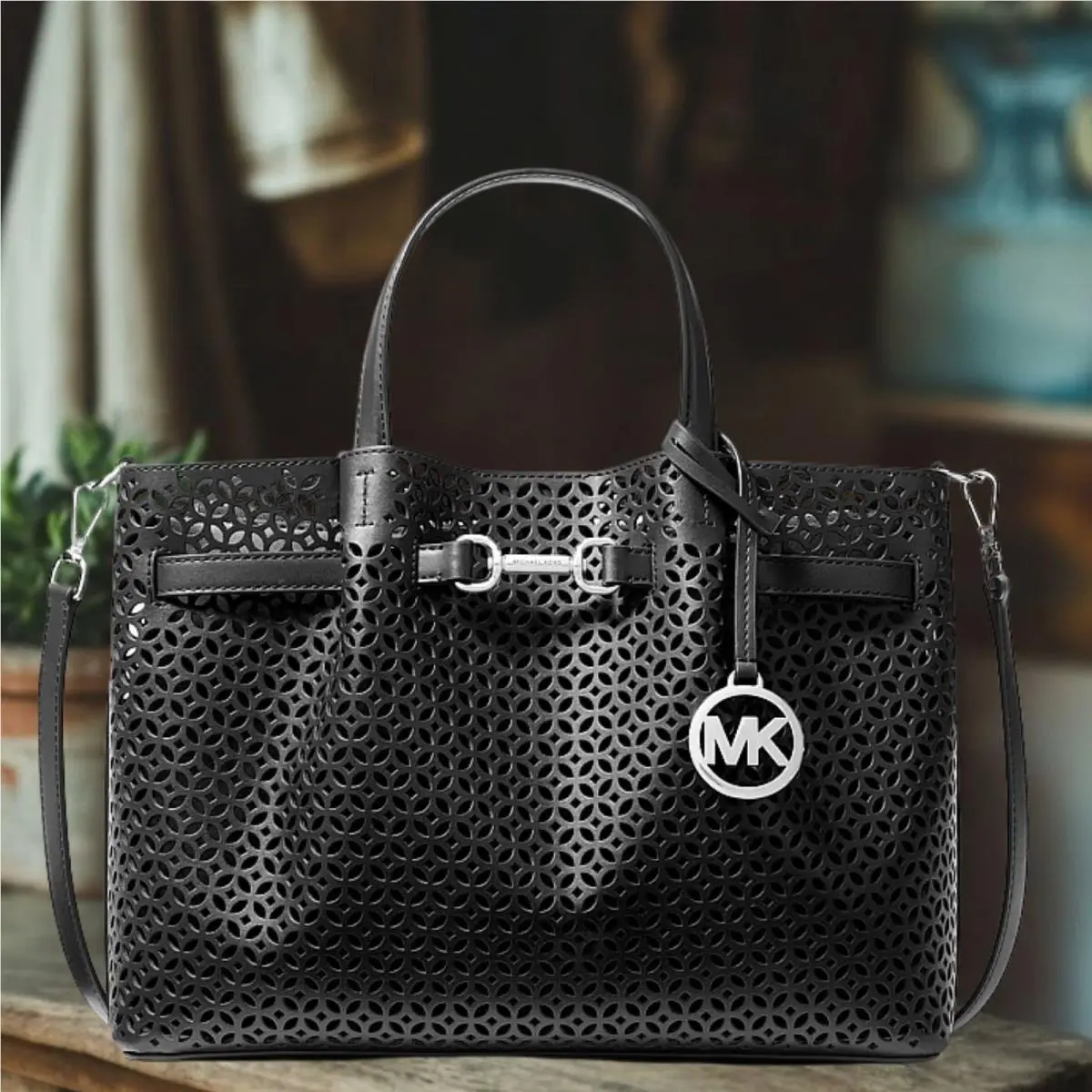 Carson Women Medium PU Blend Floral Laser Cut Satchel Bag Handbag BLACK by Michael Kors