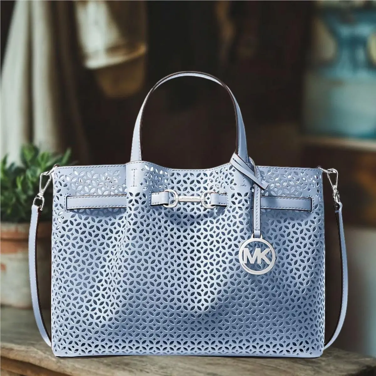 Carson Women Medium PU Blend Floral Laser Cut Satchel Bag Handbag PALE OCEAN by Michael Kors