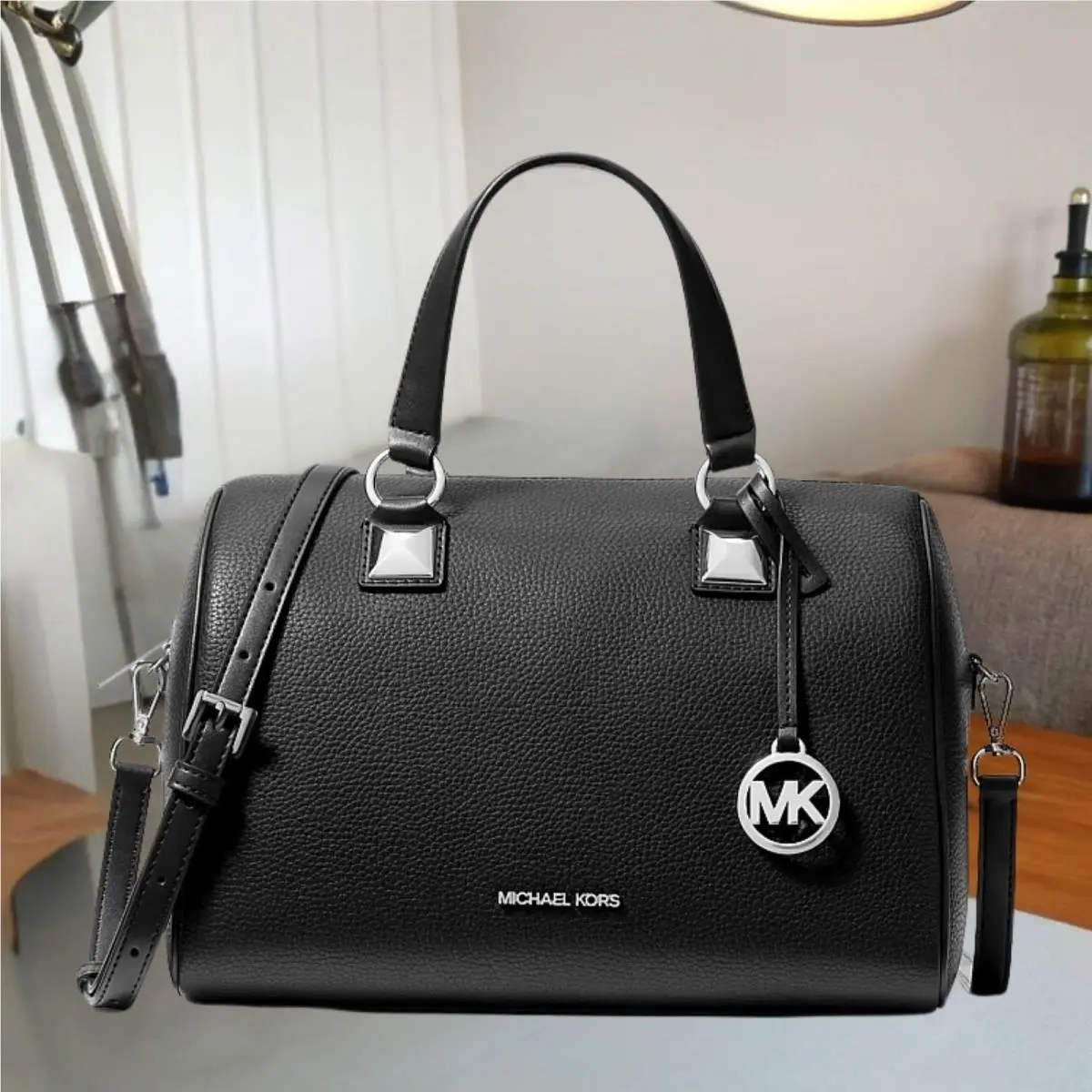 Grayson Women Medium Pebbled Leather Duffel Crossbody Bag Handbag BLACK by Michael Kors