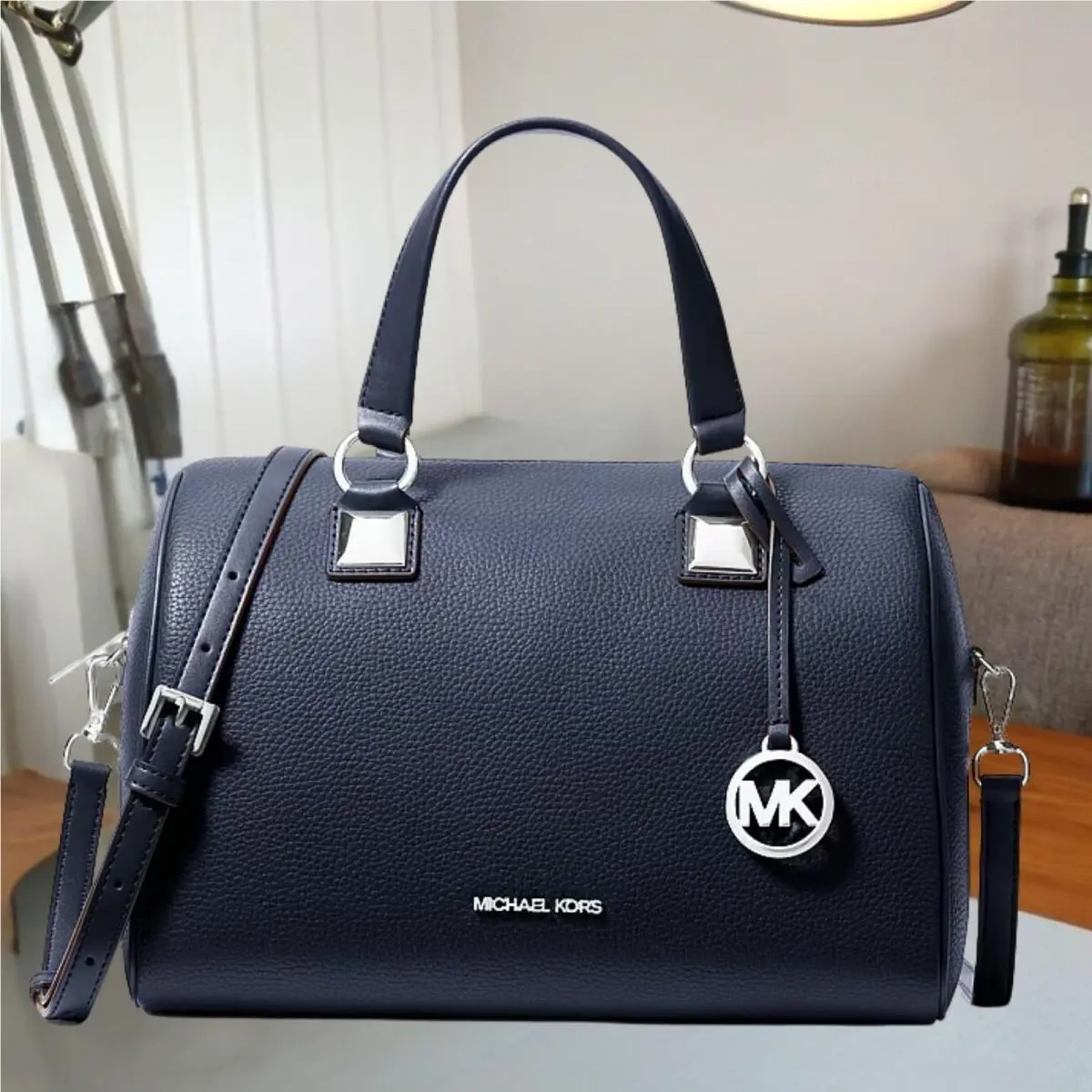 Grayson Women Medium Pebbled Leather Duffel Crossbody Bag Handbag NAVY by Michael Kors