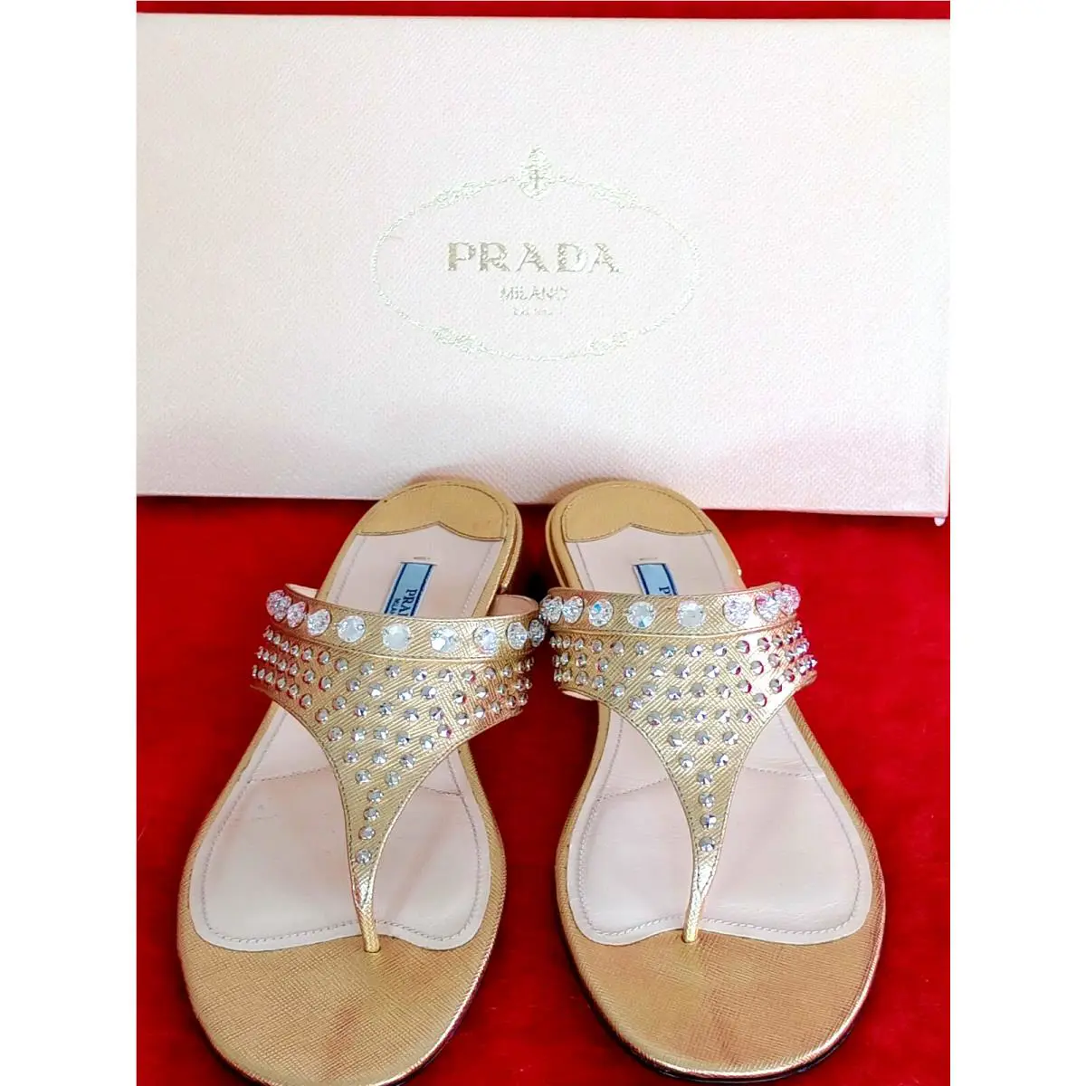 Prada Gold Jeweled Flats Shoes Sandals Size 40/10 Made IN Italy