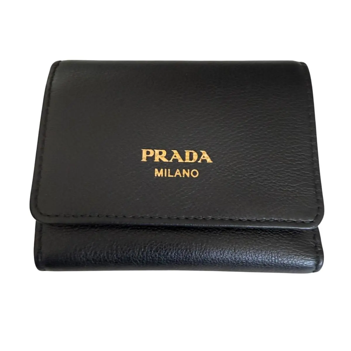 Prada Black Soft Grain Leather Trifold Wallet 1MH043 Gold Logo Made in Italy