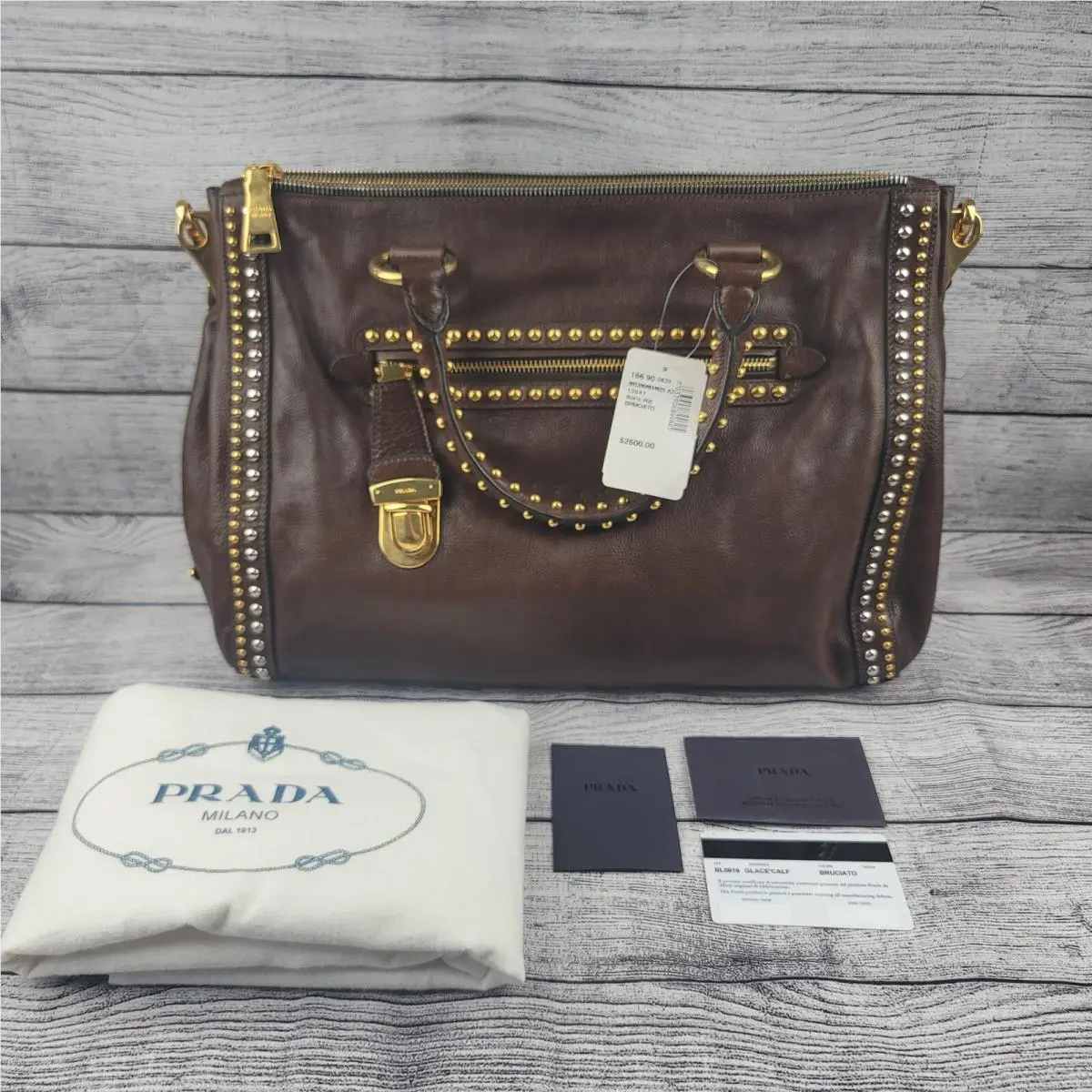 Prada Glace Calf Brown Studded Tote Bag W/dust Cover and Coa BL0616