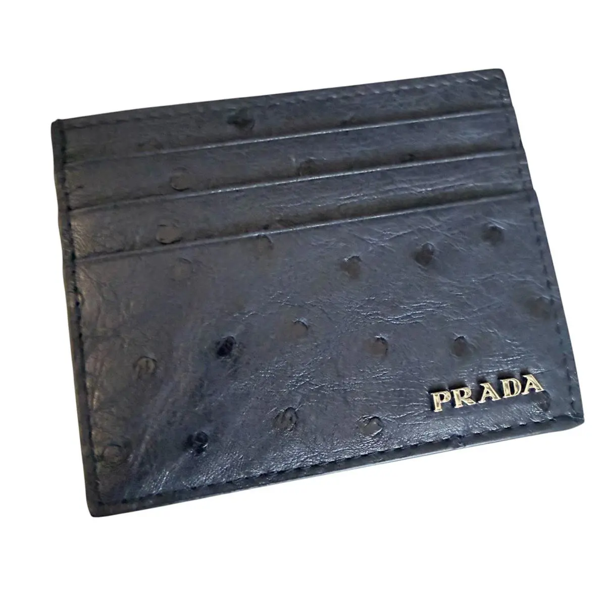 Prada Baltico Ostrich Leather Card Holder Wallet 2MC223 Struzzo Navy Blue Italy