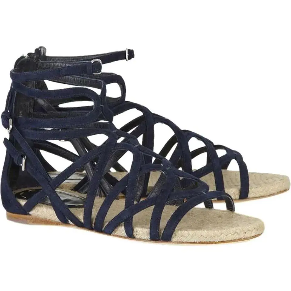 Prada Blue Suede Espadrilles Gladiator Buckles Zip Flats Sandals 38
