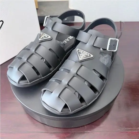 Prada 2X3119 Rubber Fisherman Sandals Black Logo Cage Slingback Mens Shoes UK6