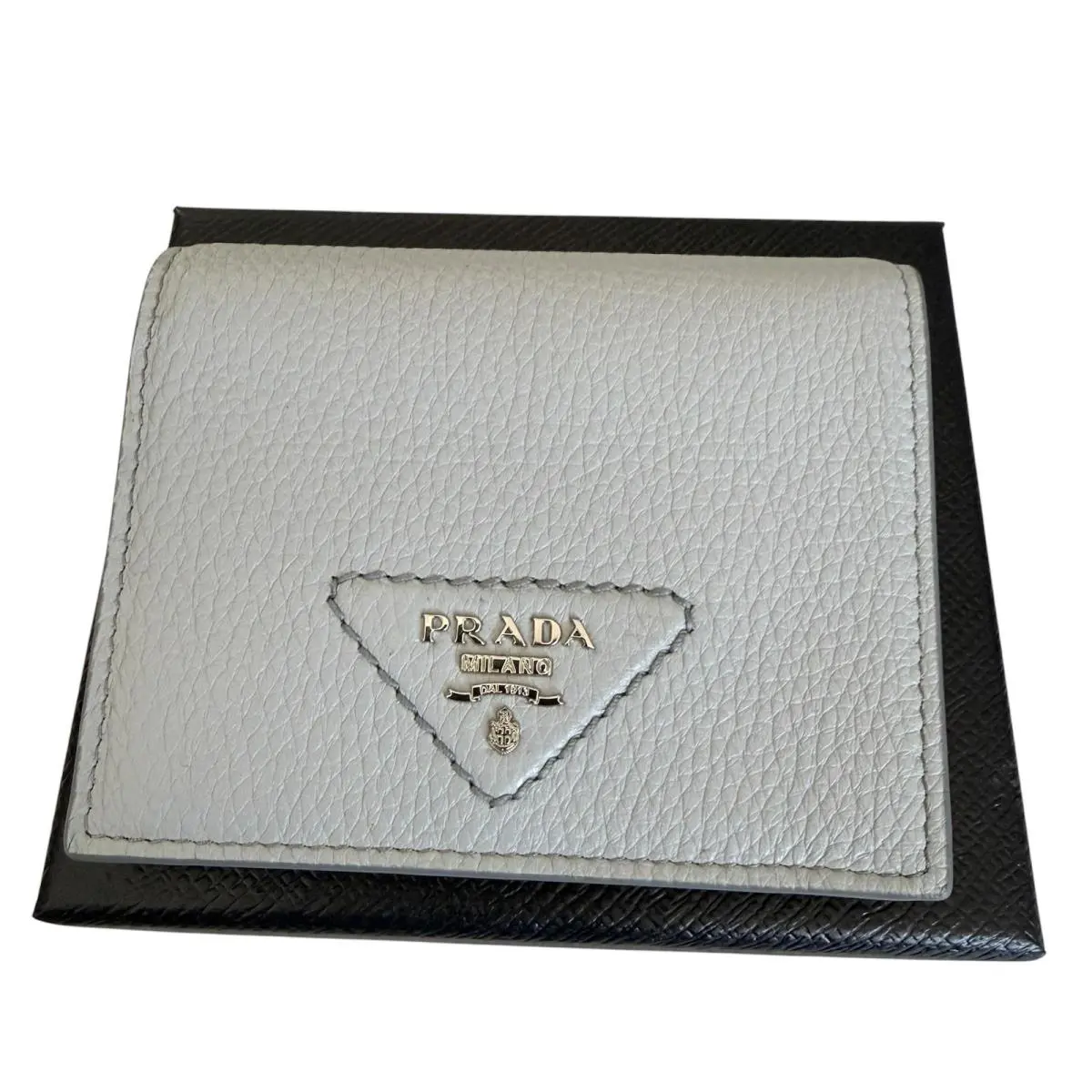 Prada Grey Pebbled Leather Bifold Wallet 1MV204 Gold Logo Made in Italy
