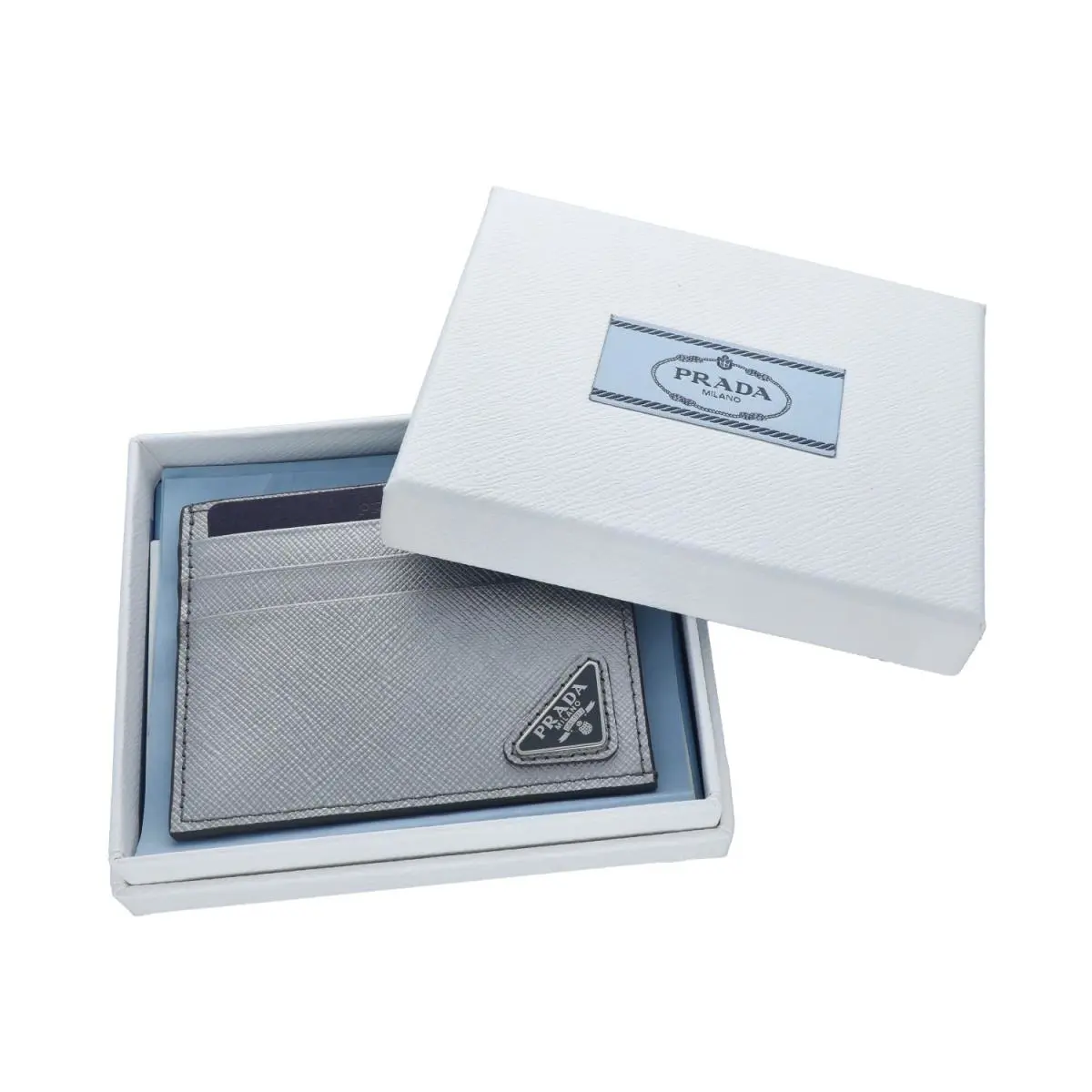 Prada Saffiano Triangle Metallic Silver Leather Card Holder 4 X 3.25