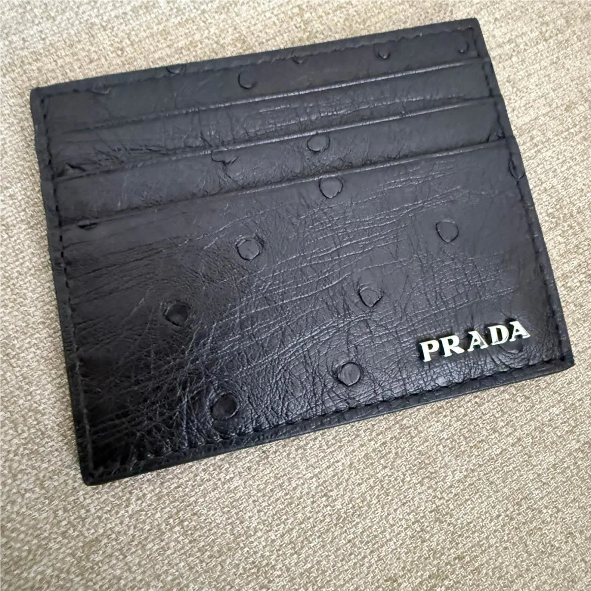 Prada Black Ostrich Leather Card Holder Wallet 2MC223 Struzzo Made in Italy