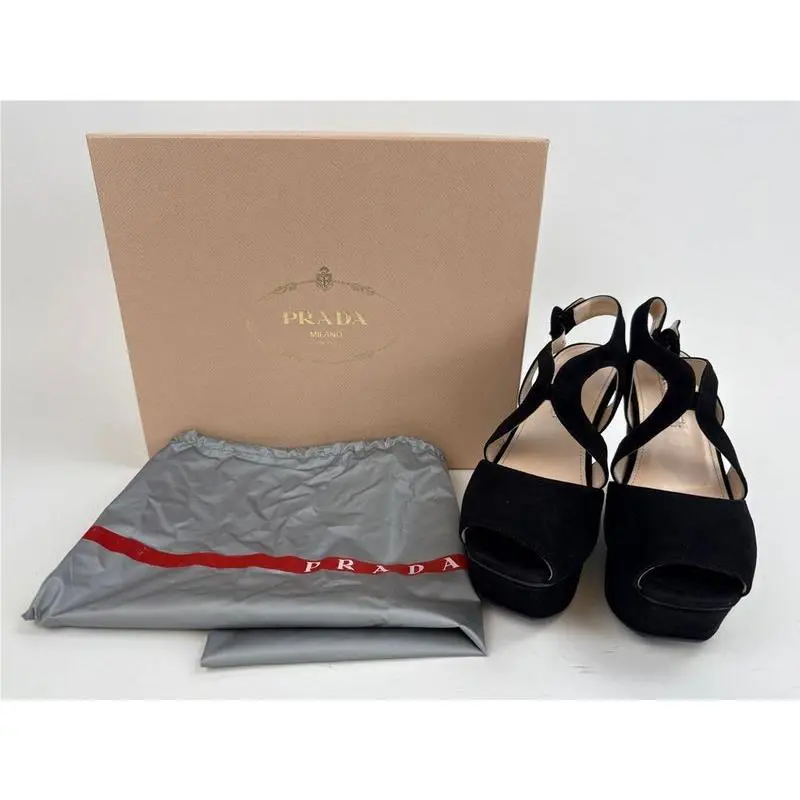 Prada Black Suede Wedge Platform Strappy Sandals Shoes Rubber Sole EU 35 / US 5