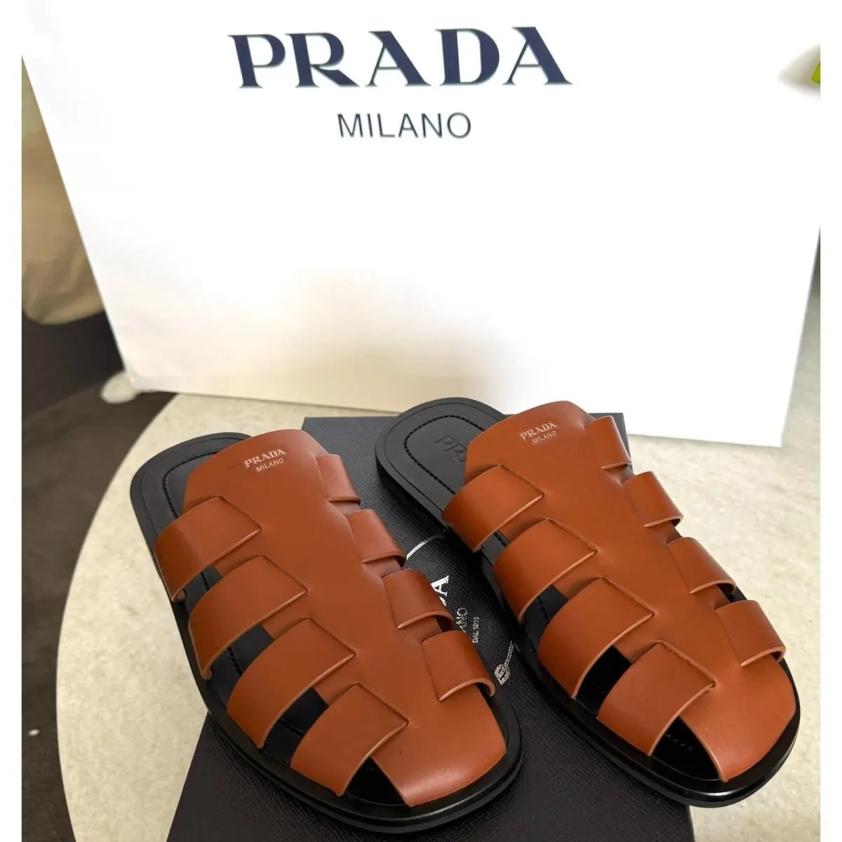 Prada Brown Leather Fisherman`s Mules Sandals Shoes Sz. US 9.5 UK 8.5